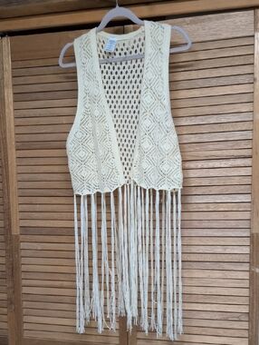 Source Unknown Cream Crochet Fringe Vest